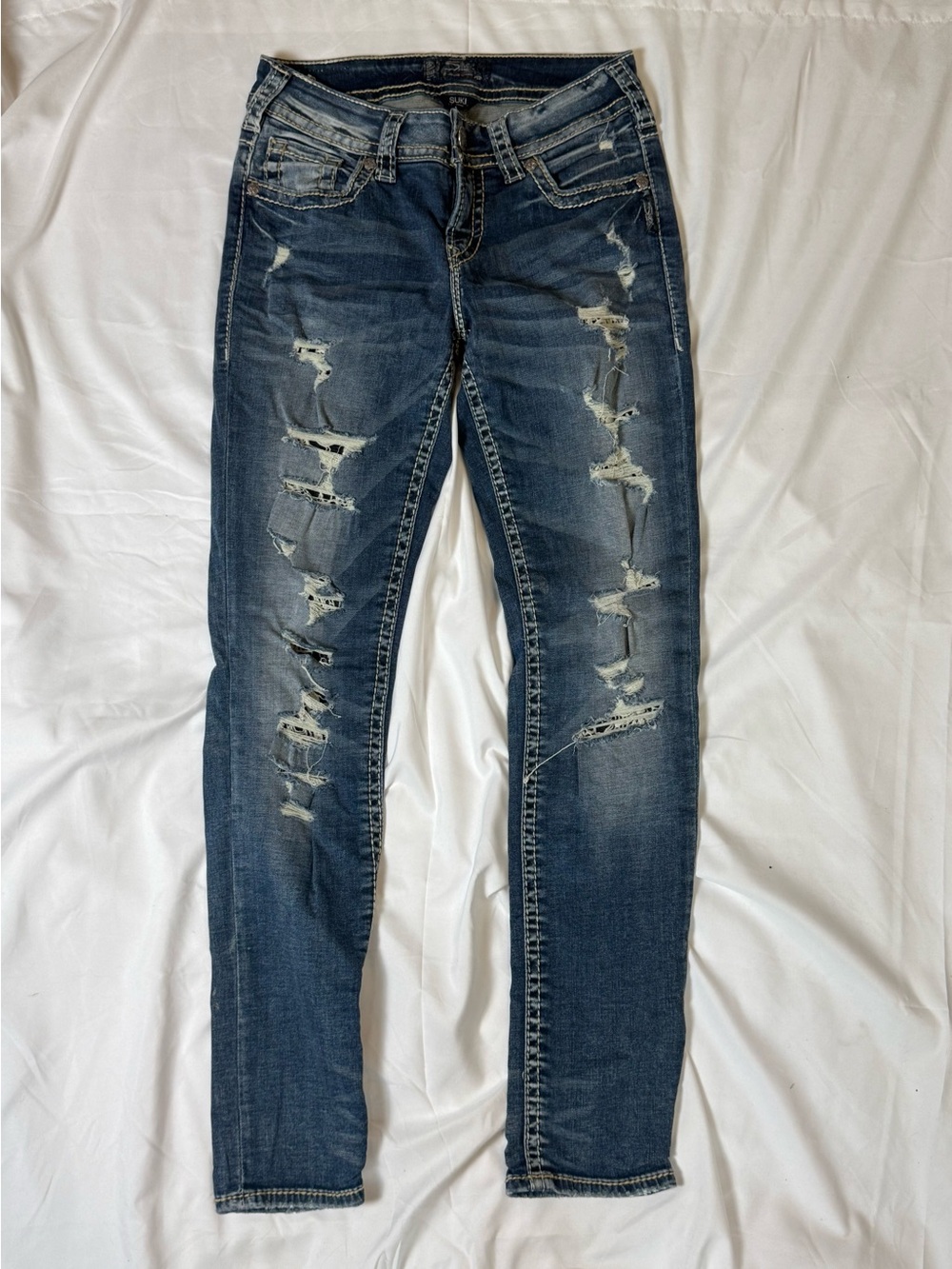 Silver Jeans Distressed Medium Blue Skinny Jeans - Picture 1 of 6